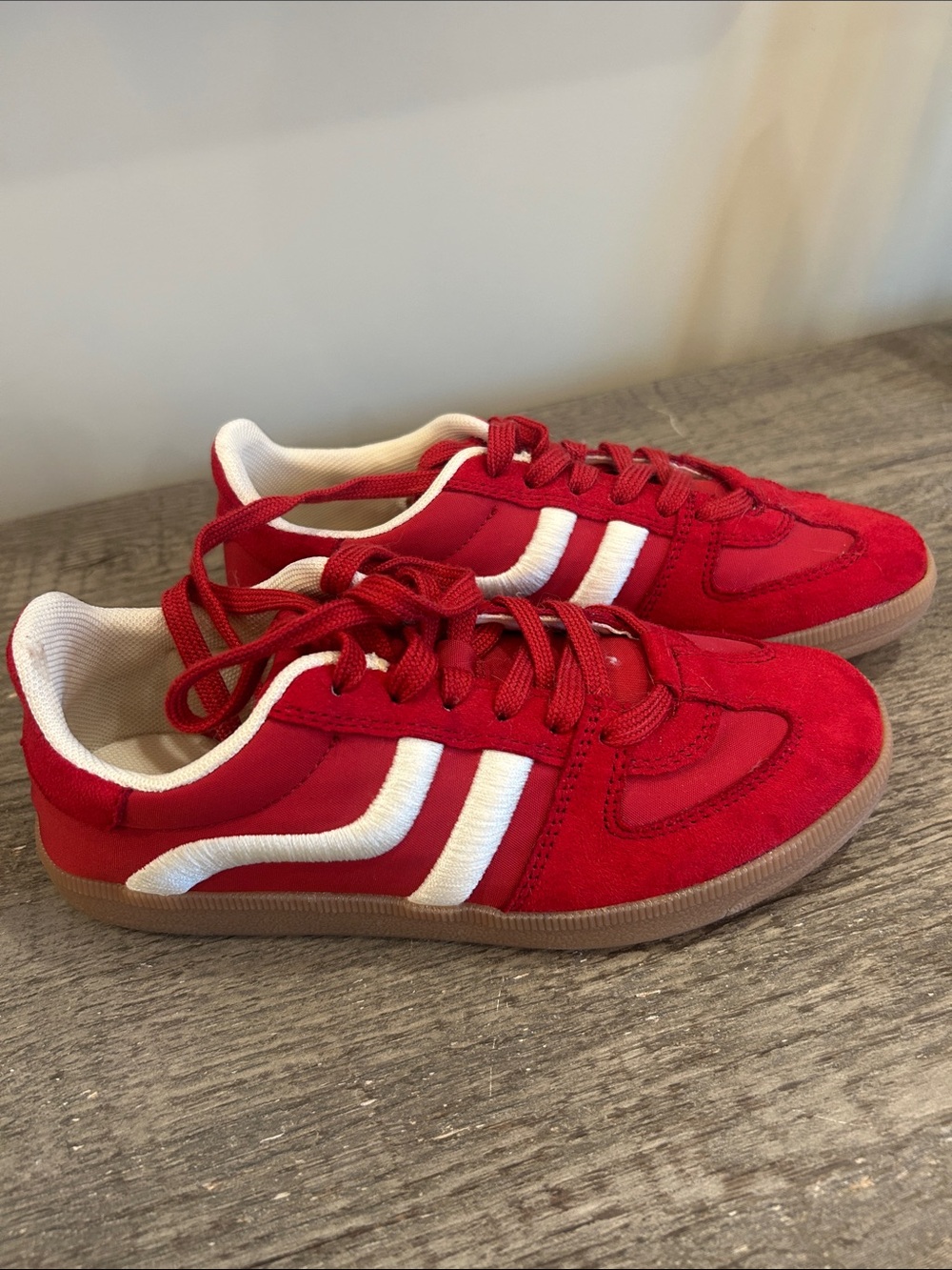 H&M Red Retro-Style Suede look Sneakers with White Stripe